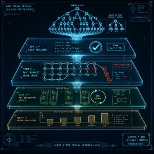 What formal methods can (and can't) prove about a Gemma 4 + DFlash + DDTree blueprint — four-tier evidence pyramid